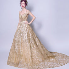 Muatkan imej ke dalam penonton Galeri, Off Shoulder Deep V Neck Wedding Dress with Chapel Train
