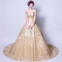 Muatkan imej ke dalam penonton Galeri, Off Shoulder Deep V Neck Wedding Dress with Chapel Train
