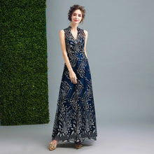 Load image into Gallery viewer, Deep V Neck A-line Evening Dress with Floral Sequins
