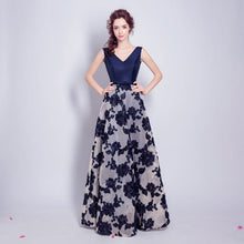 Muatkan imej ke dalam penonton Galeri, Deep V Neck A-line Evening Dress with Floral Lace Skirt
