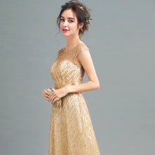 Muatkan imej ke dalam penonton Galeri, Illusion Neck Cap Sleeve A-line Evening Dress Full of Sequins
