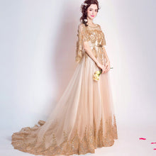 Muatkan imej ke dalam penonton Galeri, India Style Wedding Dress with Lace Shawl Gold Sequins Chapel Train
