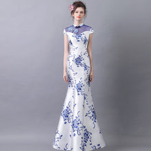 Load image into Gallery viewer, Blue &amp; White Porcelain Mermaid Cheongsam Chinese Style Wedding Dress
