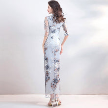 Load image into Gallery viewer, Half Sleeve Floral Brocade Full Length Cheongsam Evening Dress
