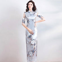 Load image into Gallery viewer, Half Sleeve Floral Brocade Full Length Cheongsam Evening Dress
