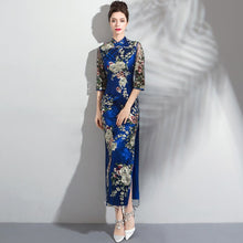 Load image into Gallery viewer, Illusion Sleeve Floral Embroidery Brocade Cheongsam Evening Gown
