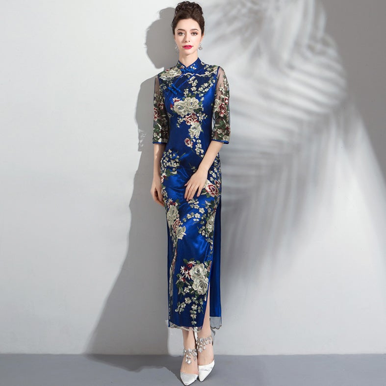 Illusion Sleeve Floral Embroidery Brocade Cheongsam Evening Gown