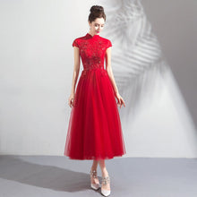 Load image into Gallery viewer, Floral Appliques Cheongsam Top Tulle Skirt Tea Length Prom Dress
