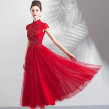 Muatkan imej ke dalam penonton Galeri, Floral Appliques Cheongsam Top Tulle Skirt Tea Length Prom Dress
