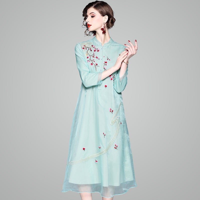 3/4 Sleeve Floral Embroidery Organza Tea Length Dress