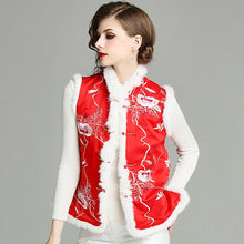 Load image into Gallery viewer, Fur Collar &amp; Edge Floral Embroidery Brocade Chinese Waistcoat Vest
