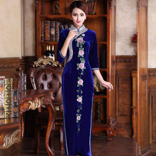 Load image into Gallery viewer, 3/4 Sleeve Floral Embroidery Full Length Velvet Cheongsam Mother Dress
