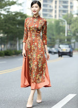 Muatkan imej ke dalam penonton Galeri, 3/4 Sleeve Auspicious Pattern Cheongsam Top Tea Length Ao Dai Dress
