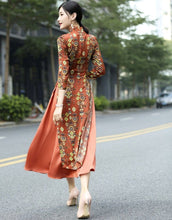 Load image into Gallery viewer, 3/4 Sleeve Auspicious Pattern Cheongsam Top Tea Length Ao Dai Dress
