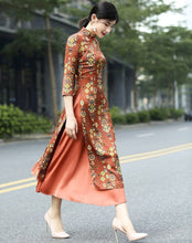 Load image into Gallery viewer, 3/4 Sleeve Auspicious Pattern Cheongsam Top Tea Length Ao Dai Dress
