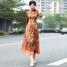 Load image into Gallery viewer, 3/4 Sleeve Auspicious Pattern Cheongsam Top Tea Length Ao Dai Dress
