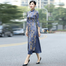 Load image into Gallery viewer, 3/4 Sleeve Auspicious Pattern Cheongsam Top Tea Length Ao Dai Dress
