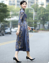 Load image into Gallery viewer, 3/4 Sleeve Auspicious Pattern Cheongsam Top Tea Length Ao Dai Dress
