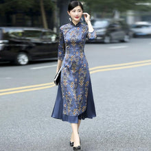 Load image into Gallery viewer, 3/4 Sleeve Auspicious Pattern Cheongsam Top Tea Length Ao Dai Dress
