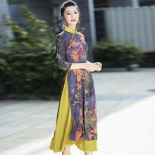 Load image into Gallery viewer, 3/4 Sleeve Cheongsam Top Tea Length Ao Dai Floral Dress
