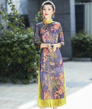 Load image into Gallery viewer, 3/4 Sleeve Cheongsam Top Tea Length Ao Dai Floral Dress
