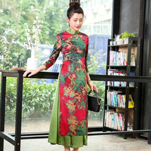 Load image into Gallery viewer, 3/4 Sleeve Cheongsam Top Tea Length Ao Dai Floral Dress
