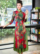 Load image into Gallery viewer, 3/4 Sleeve Cheongsam Top Tea Length Ao Dai Floral Dress
