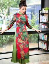 Load image into Gallery viewer, 3/4 Sleeve Cheongsam Top Tea Length Ao Dai Floral Dress
