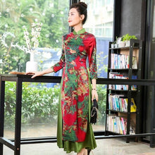 Load image into Gallery viewer, 3/4 Sleeve Cheongsam Top Tea Length Ao Dai Floral Dress
