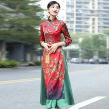 Muatkan imej ke dalam penonton Galeri, Cheongsam Top Tea Length Vietnam Ao Dai Floral Dress
