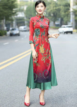 Muatkan imej ke dalam penonton Galeri, Cheongsam Top Tea Length Vietnam Ao Dai Floral Dress
