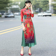 Muatkan imej ke dalam penonton Galeri, Cheongsam Top Tea Length Vietnam Ao Dai Floral Dress
