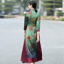 Muatkan imej ke dalam penonton Galeri, Cheongsam Top Tea Length Vietnam Ao Dai Floral Dress
