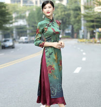 Muatkan imej ke dalam penonton Galeri, Cheongsam Top Tea Length Vietnam Ao Dai Floral Dress
