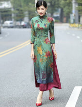 Muatkan imej ke dalam penonton Galeri, Cheongsam Top Tea Length Vietnam Ao Dai Floral Dress
