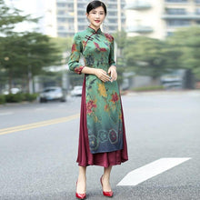 Muatkan imej ke dalam penonton Galeri, Cheongsam Top Tea Length Vietnam Ao Dai Floral Dress
