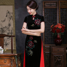 Load image into Gallery viewer, Velvet Cheongsam Top Tea Length Vietnam Ao Dai Floral Dress
