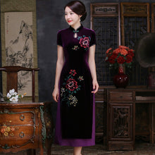 Load image into Gallery viewer, Velvet Cheongsam Top Tea Length Vietnam Ao Dai Floral Dress
