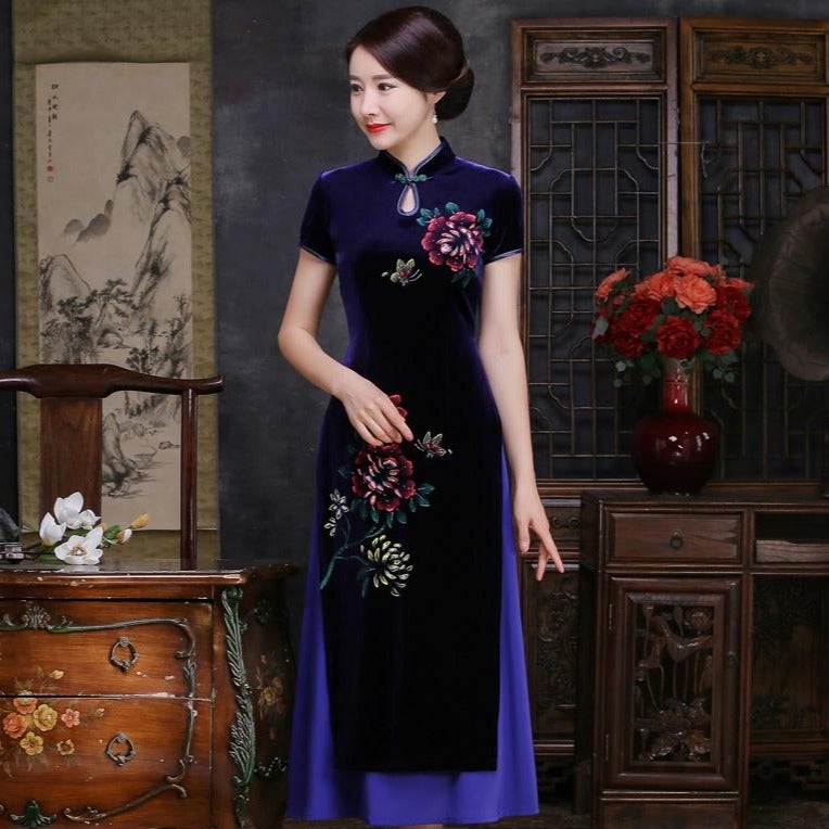 Velvet Cheongsam Top Tea Length Vietnam Ao Dai Floral Dress