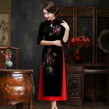 Load image into Gallery viewer, Half Sleeve Velvet Cheongsam Top Tea Length Vietnam Ao Dai Dress
