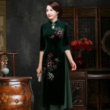 Load image into Gallery viewer, Half Sleeve Velvet Cheongsam Top Tea Length Vietnam Ao Dai Dress
