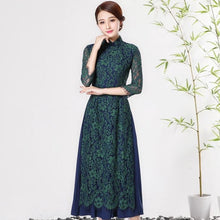 Muatkan imej ke dalam penonton Galeri, Cheongsam Top Floral Lace Tea Length Ao Dai Dress
