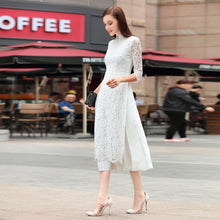 Load image into Gallery viewer, 3/4 Sleeve Cheongsam Top Floral Lace Tea Length Ao Dai Dress
