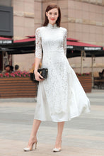 Load image into Gallery viewer, 3/4 Sleeve Cheongsam Top Floral Lace Tea Length Ao Dai Dress
