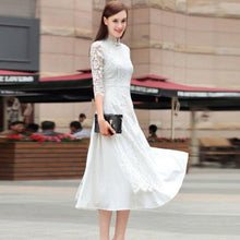 Muatkan imej ke dalam penonton Galeri, 3/4 Sleeve Cheongsam Top Floral Lace Tea Length Ao Dai Dress
