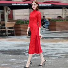 Load image into Gallery viewer, 3/4 Sleeve Cheongsam Top Floral Lace Tea Length Ao Dai Dress
