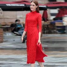 Load image into Gallery viewer, 3/4 Sleeve Cheongsam Top Floral Lace Tea Length Ao Dai Dress
