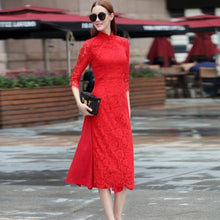 Load image into Gallery viewer, 3/4 Sleeve Cheongsam Top Floral Lace Tea Length Ao Dai Dress
