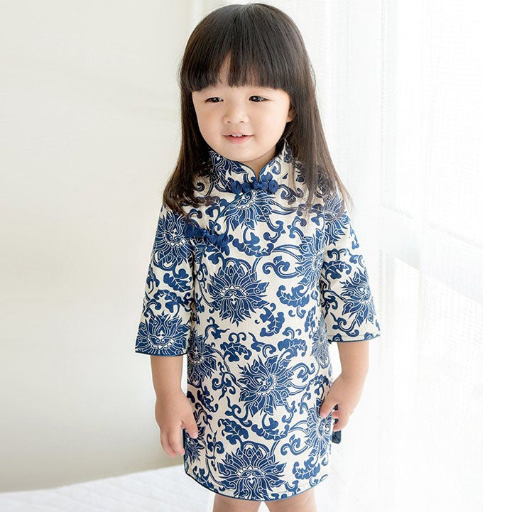 Knee Length 100% Cotton Floral Kid's Cheongsam Dress