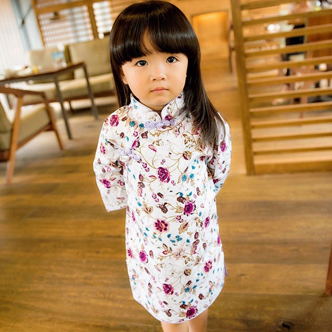 Long Sleeve 100% Cotton Floral Kid's Cheongsam Dress